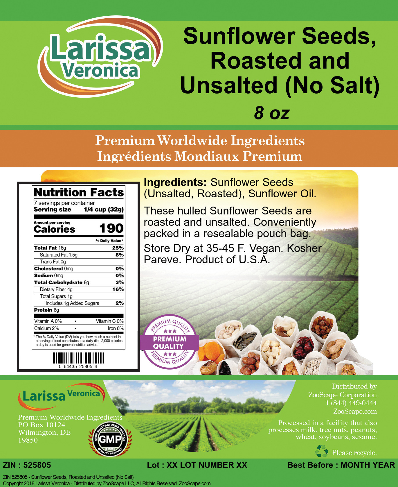 Sunflower Seeds, Roasted and Unsalted (No Salt) - Label