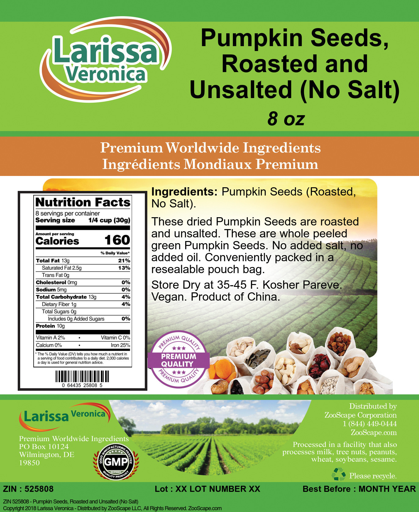Pumpkin Seeds, Roasted and Unsalted (No Salt) - Label