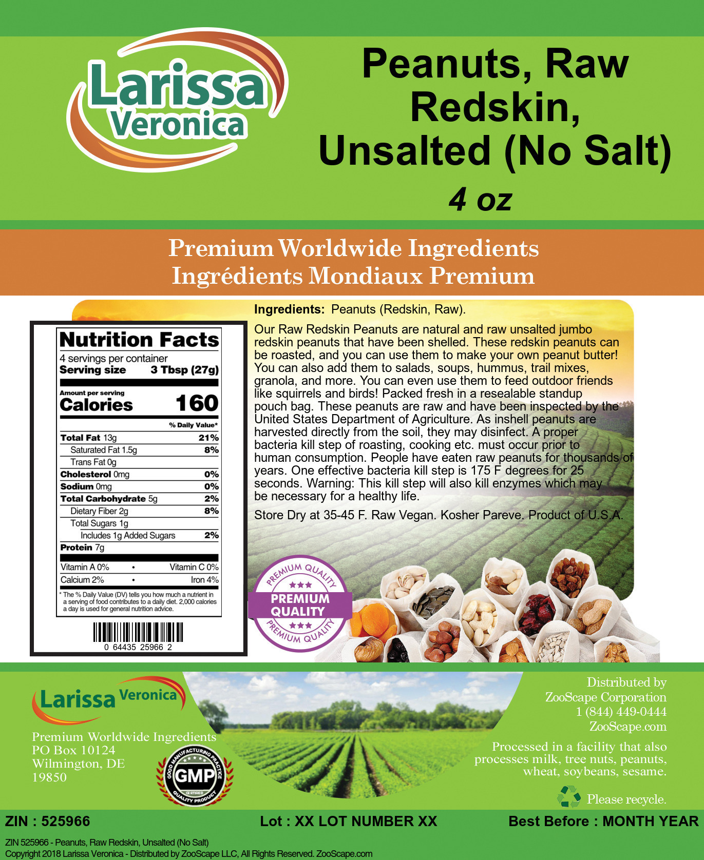 Peanuts, Raw Redskin, Unsalted (No Salt) - Label