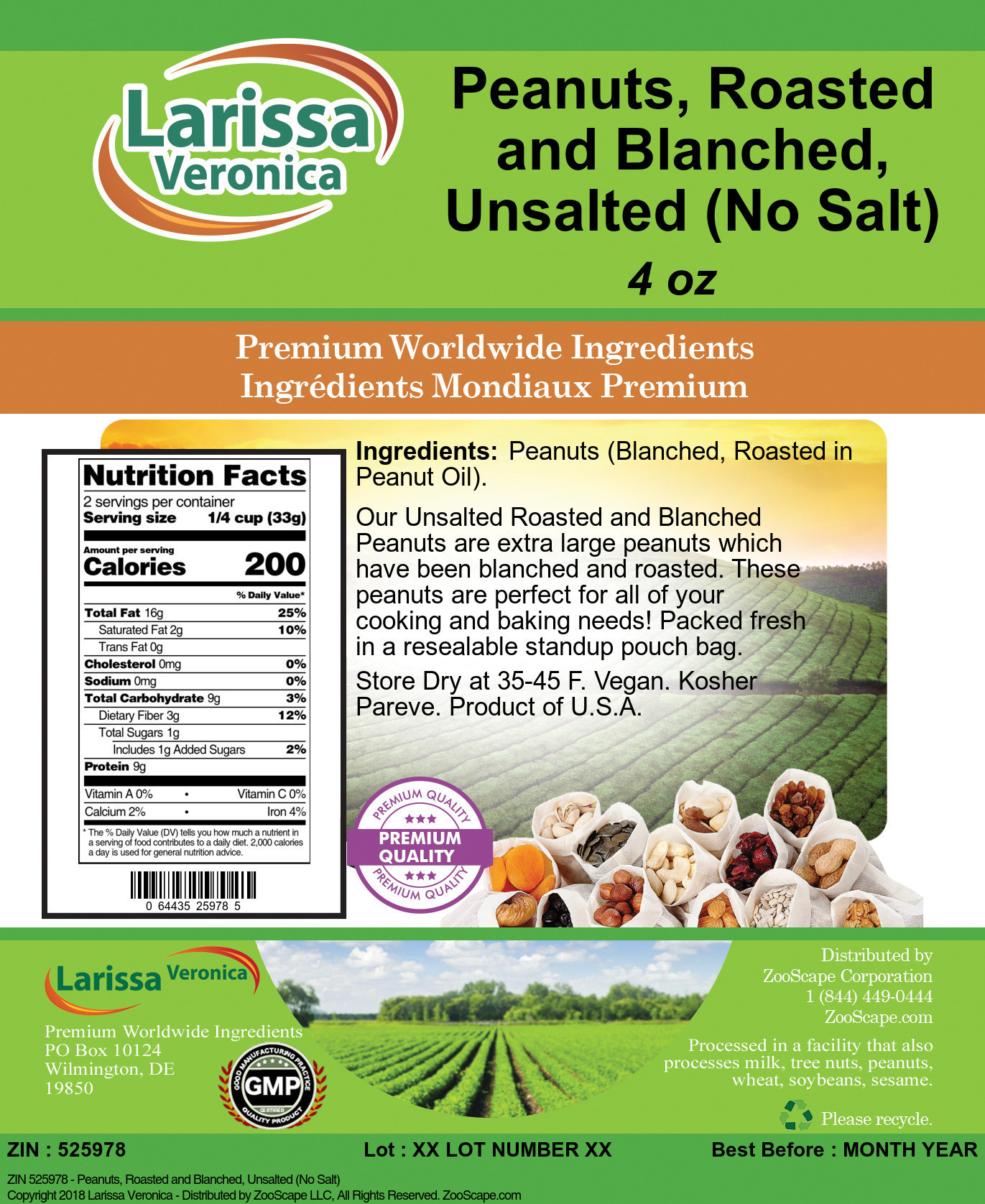 Peanuts, Roasted and Blanched, Unsalted (No Salt) - Label