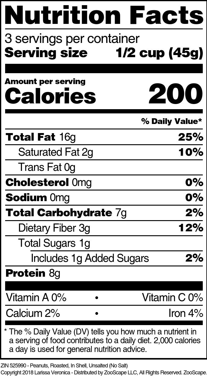 Peanuts, Roasted, In Shell, Unsalted (No Salt) - Supplement / Nutrition Facts