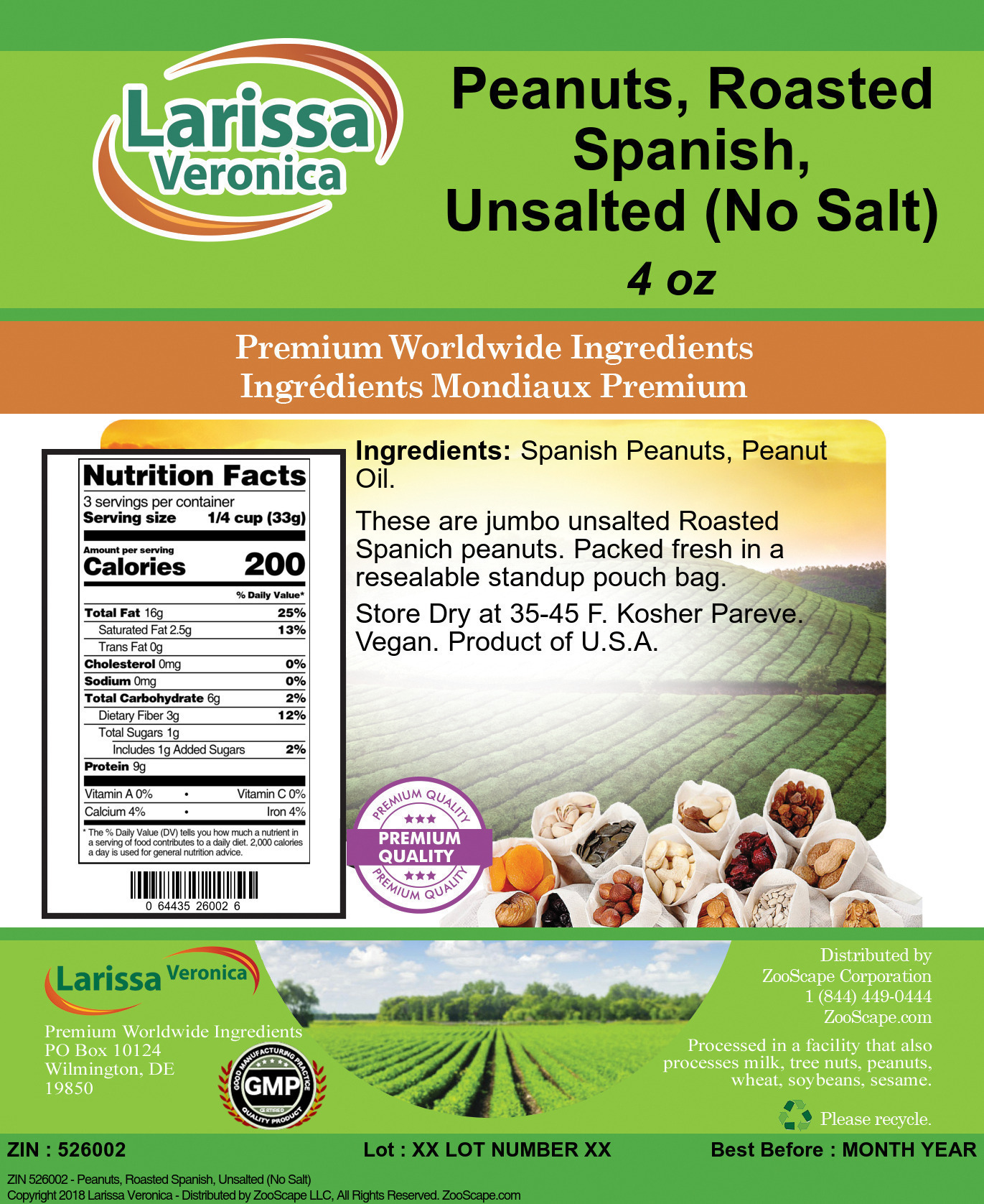 Peanuts, Roasted Spanish, Unsalted (No Salt) - Label