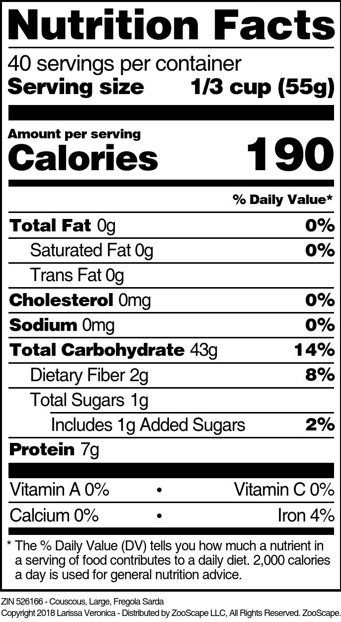 Couscous, Large, Fregola Sarda - Supplement / Nutrition Facts