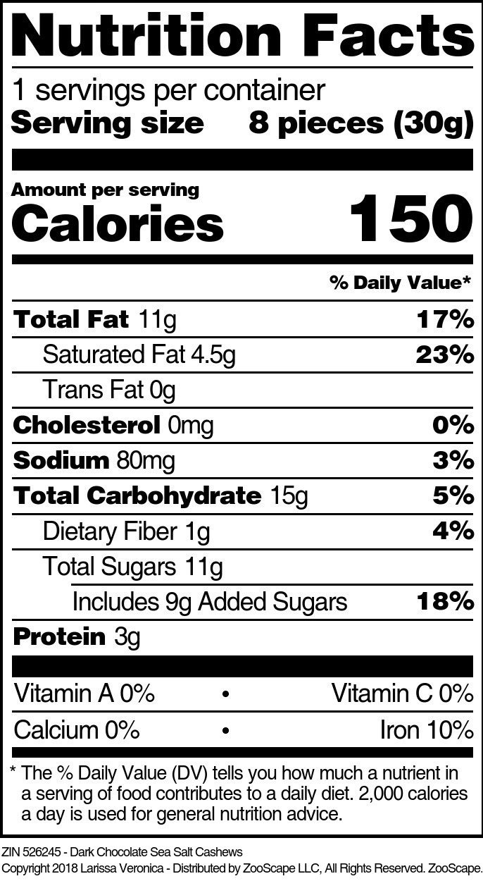 Dark Chocolate Sea Salt Cashews - Supplement / Nutrition Facts