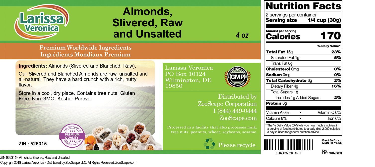 Almonds, Slivered, Raw and Unsalted - Label