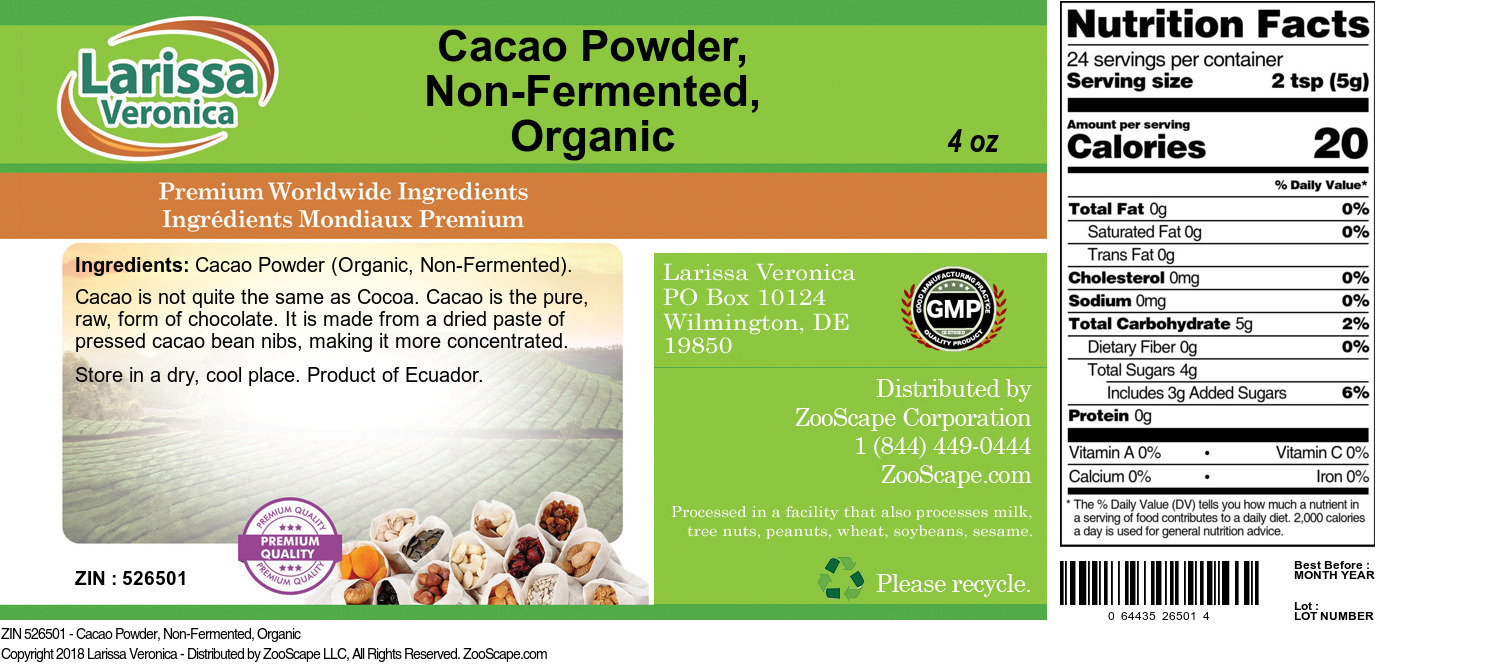 Cacao Powder, Non-Fermented, Organic - Label