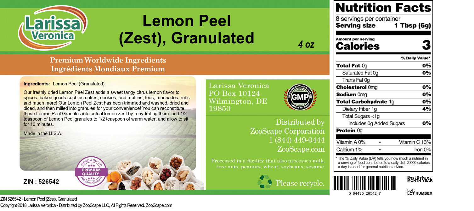 Lemon Peel (Zest), Granulated - Label