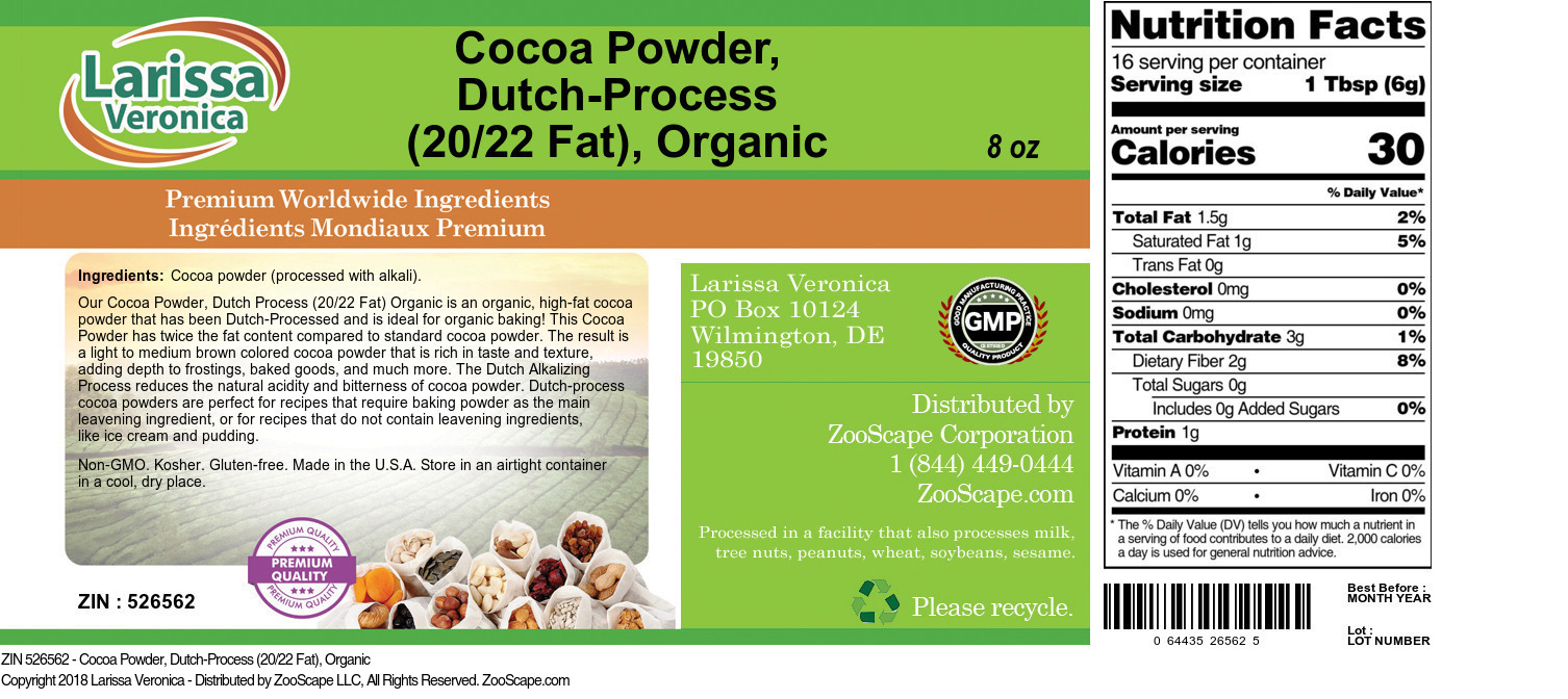Cocoa Powder, Dutch-Process (20/22 Fat), Organic - Label