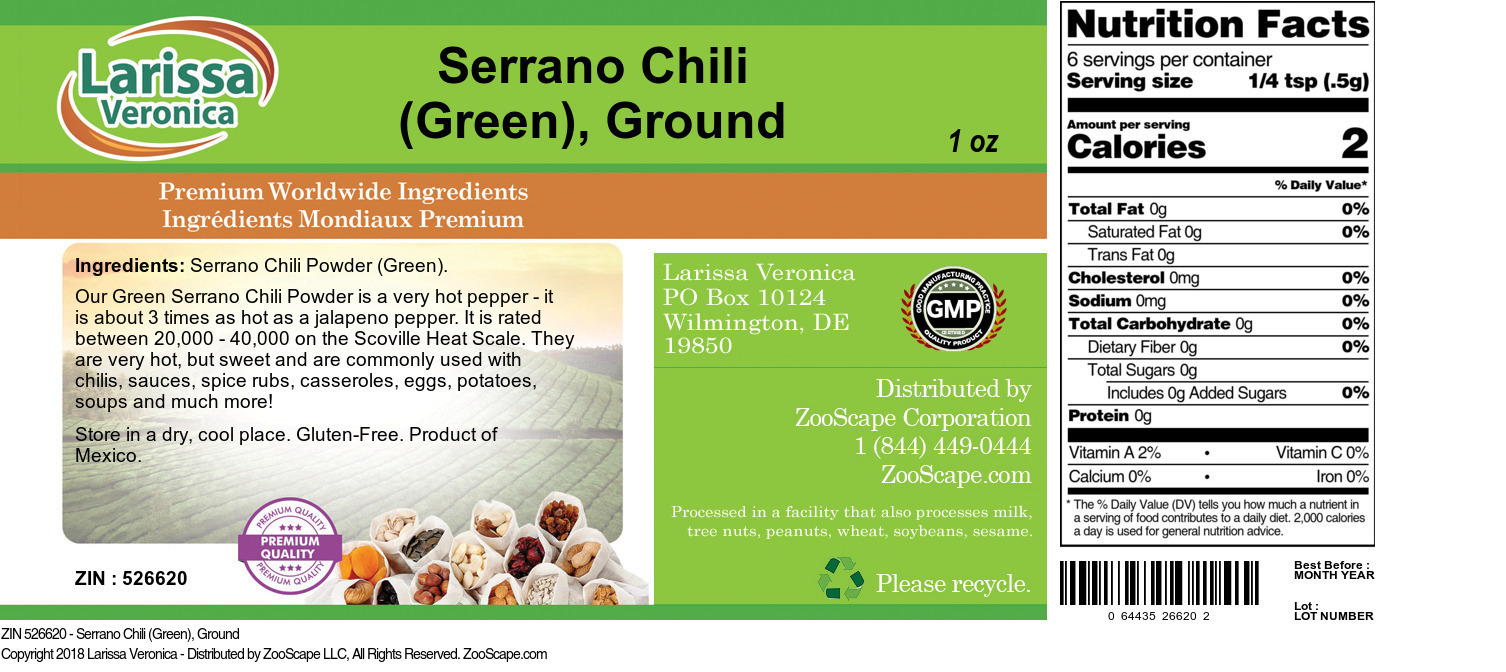 Serrano Chili (Green), Ground - Label