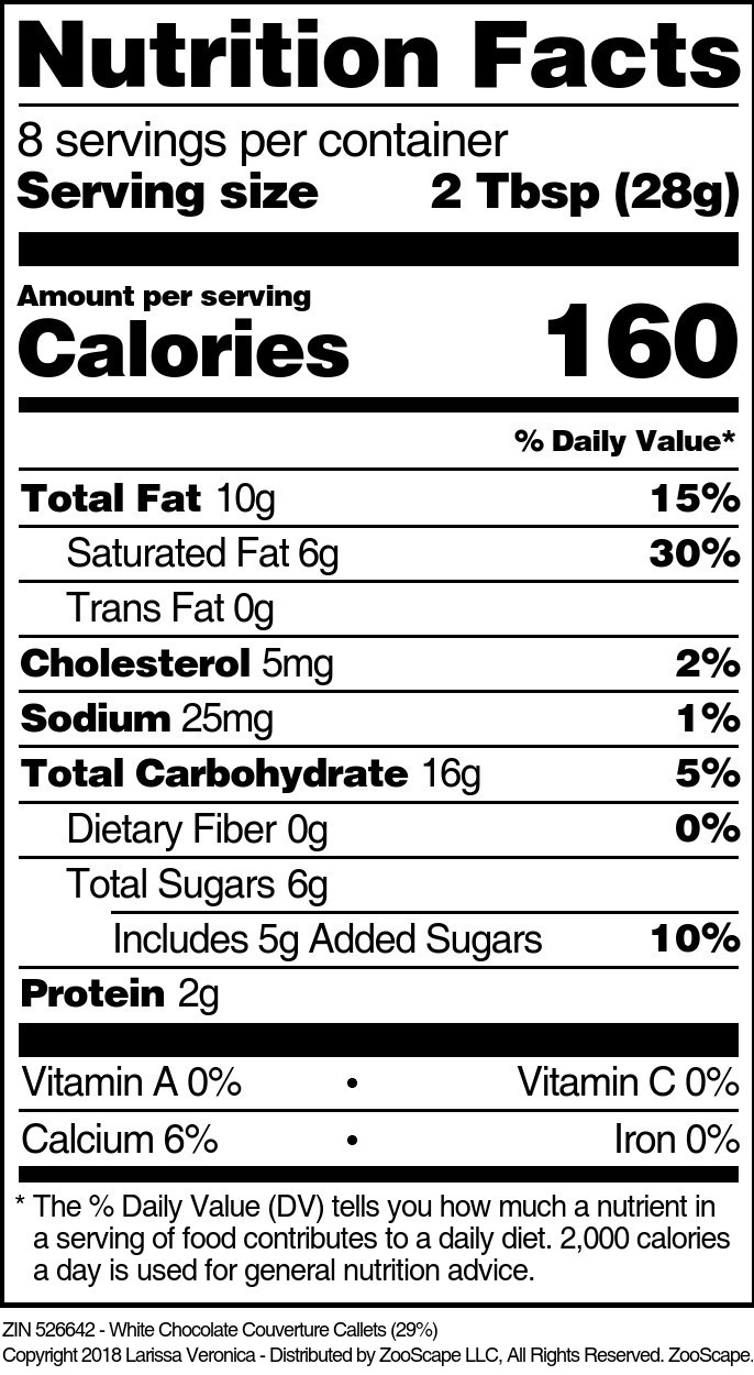 White Chocolate Couverture Callets (29%) - Supplement / Nutrition Facts