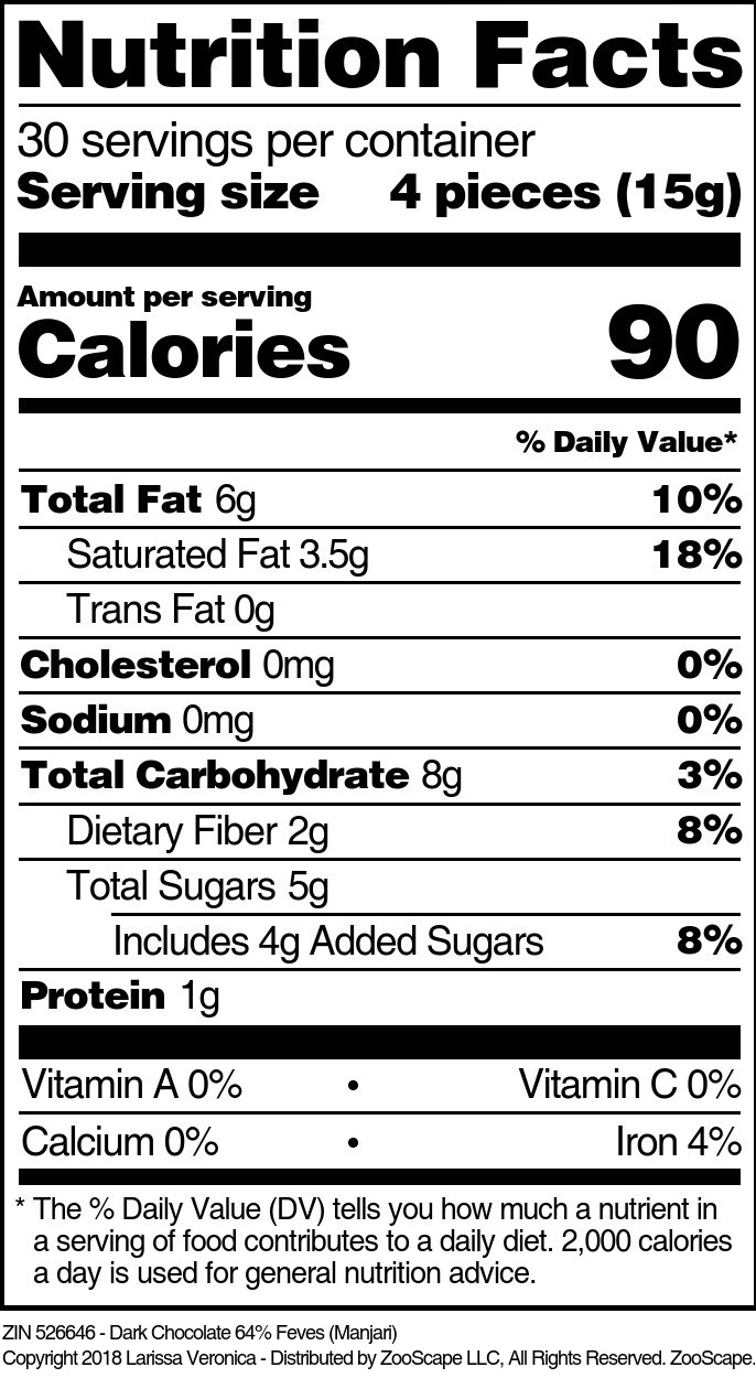 Dark Chocolate 64% Feves (Manjari) - Supplement / Nutrition Facts