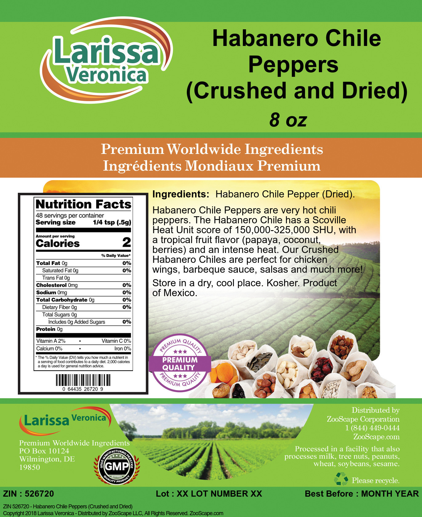 Habanero Chile Peppers (Crushed and Dried) - Label