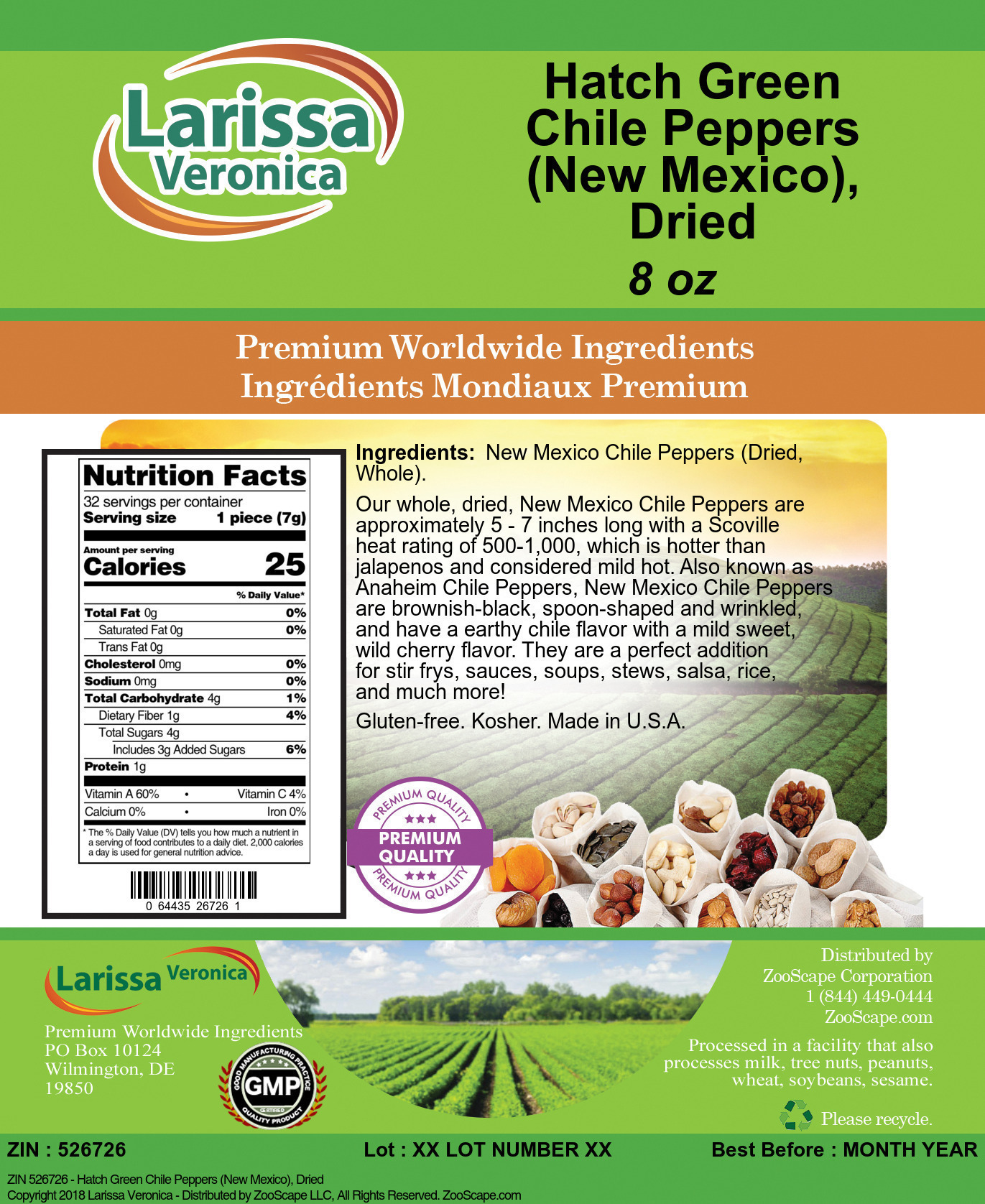 Hatch Green Chile Peppers (New Mexico), Dried - Label