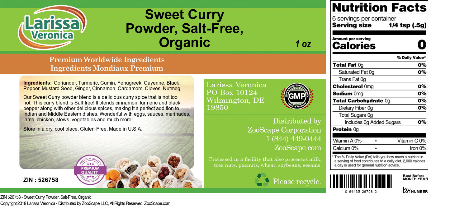 Sweet Curry Powder, Salt-Free, Organic - Label