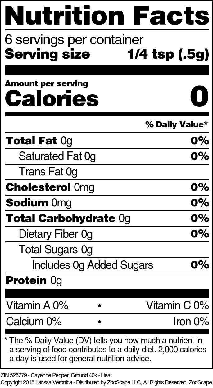 Cayenne Pepper, Ground 40k - Heat - Supplement / Nutrition Facts