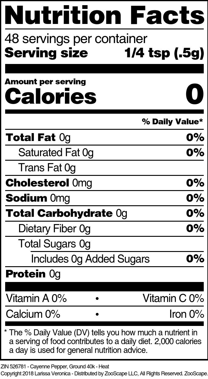 Cayenne Pepper, Ground 40k - Heat - Supplement / Nutrition Facts