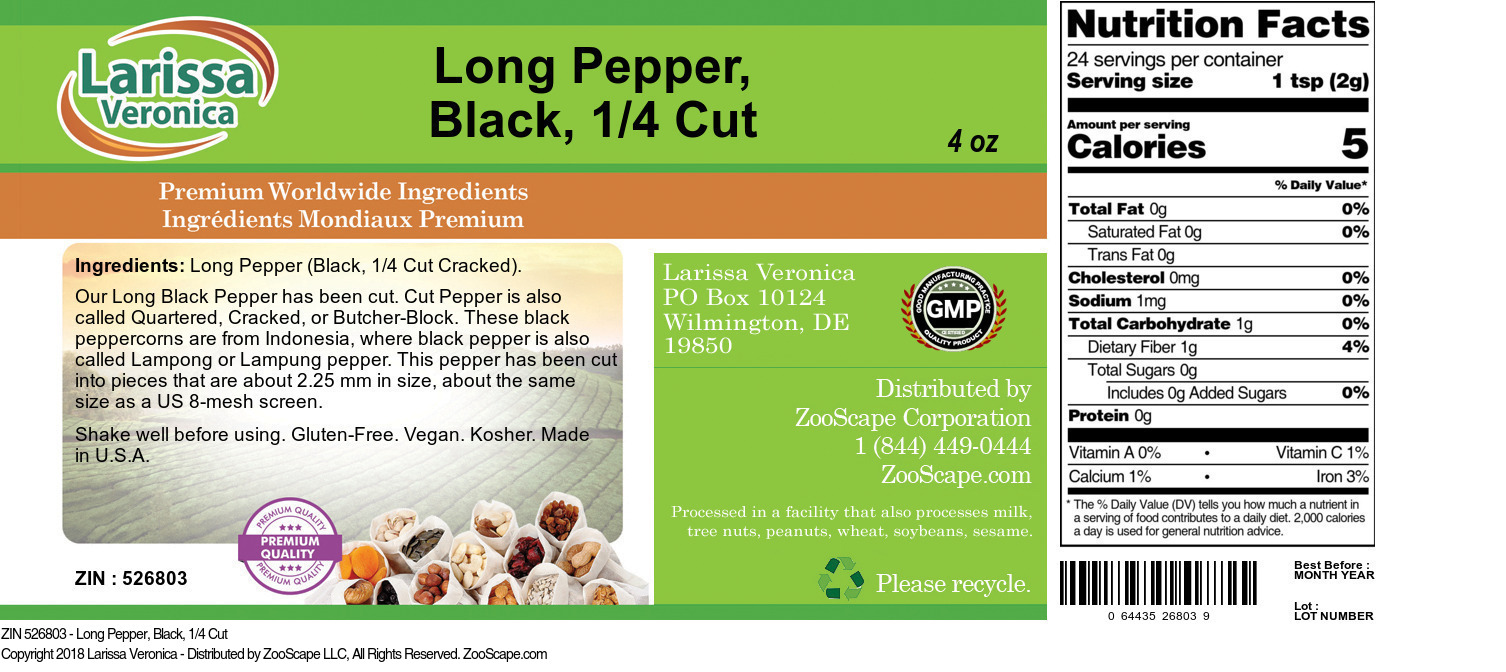 Long Pepper, Black, 1/4 Cut - Label