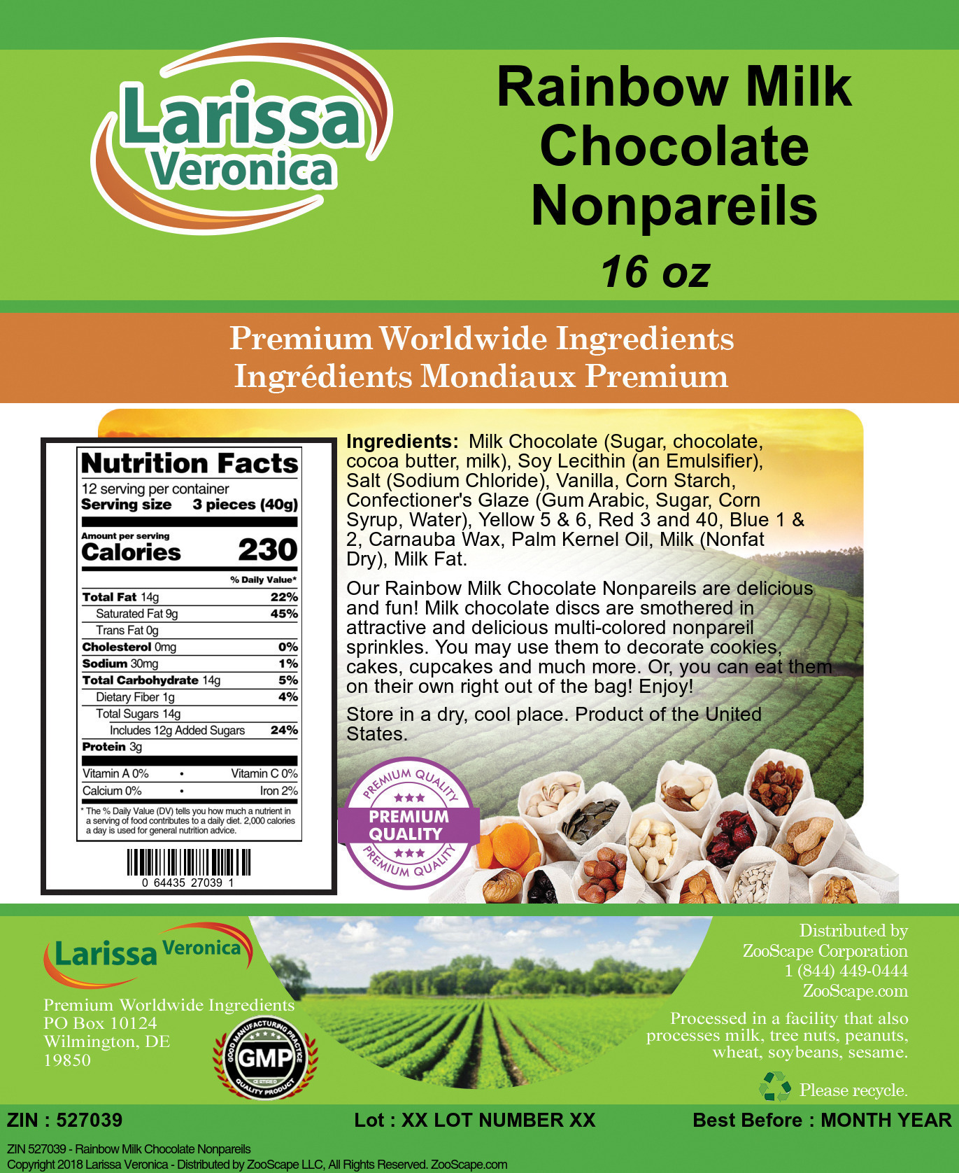 Rainbow Milk Chocolate Nonpareils - Label
