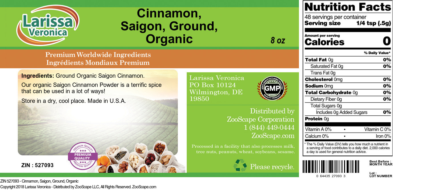 Cinnamon, Saigon, Ground, Organic - Label
