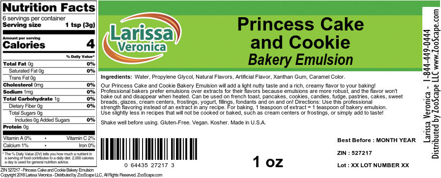 Princess Cake and Cookie Bakery Emulsion - Label