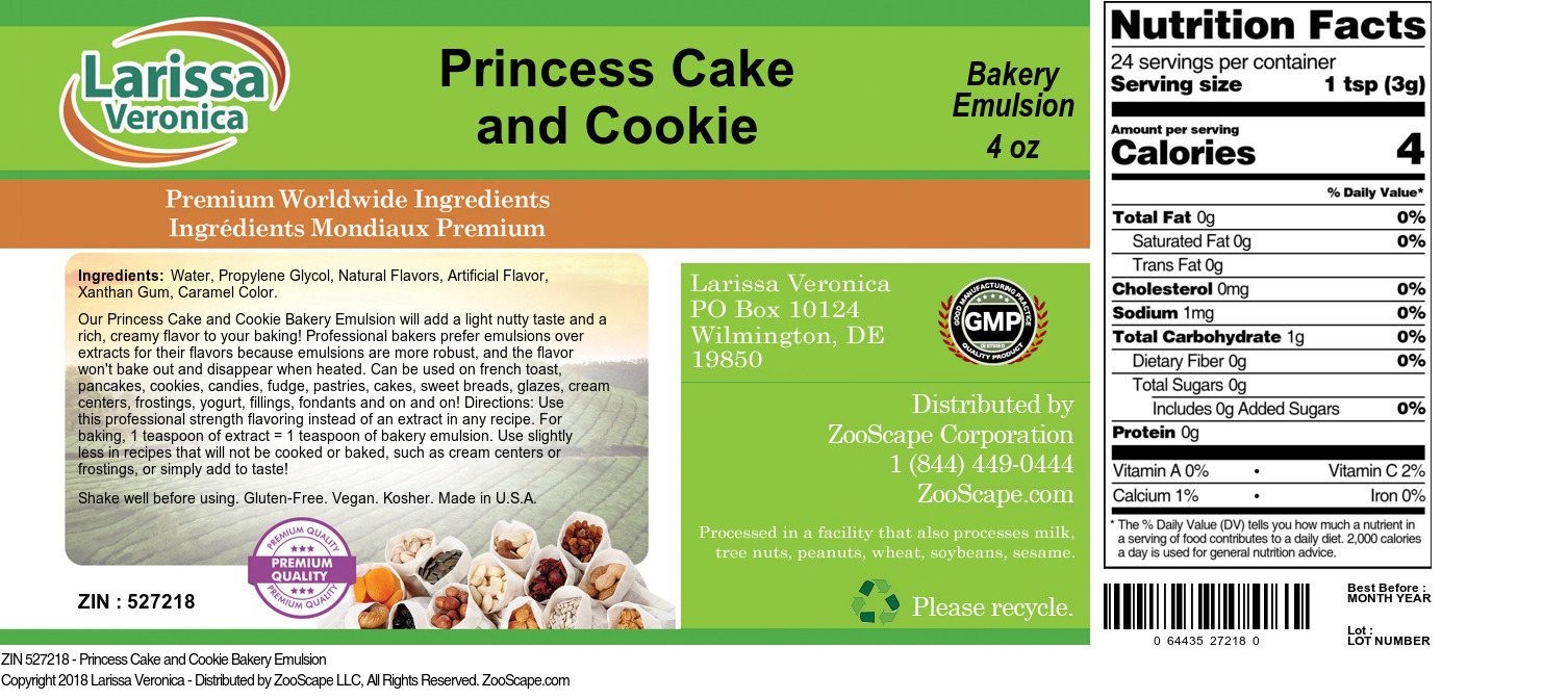 Princess Cake and Cookie Bakery Emulsion - Label