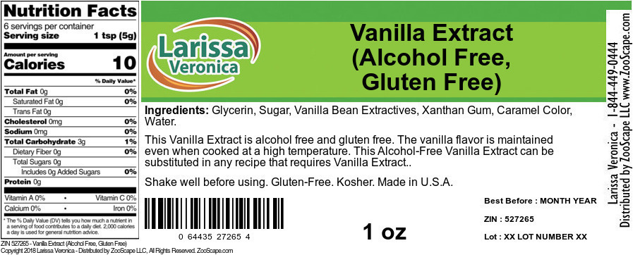 Vanilla Extract (Alcohol Free, Gluten Free) - Label
