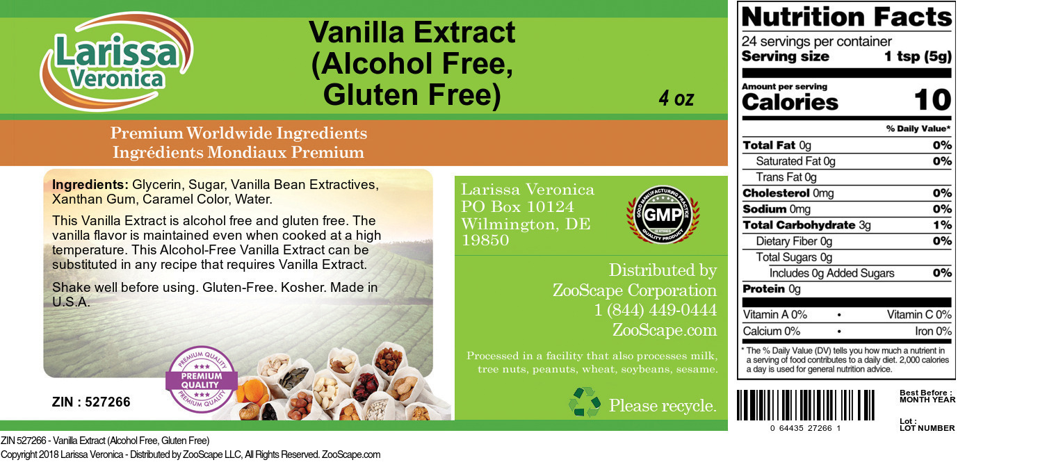 Vanilla Extract (Alcohol Free, Gluten Free) - Label
