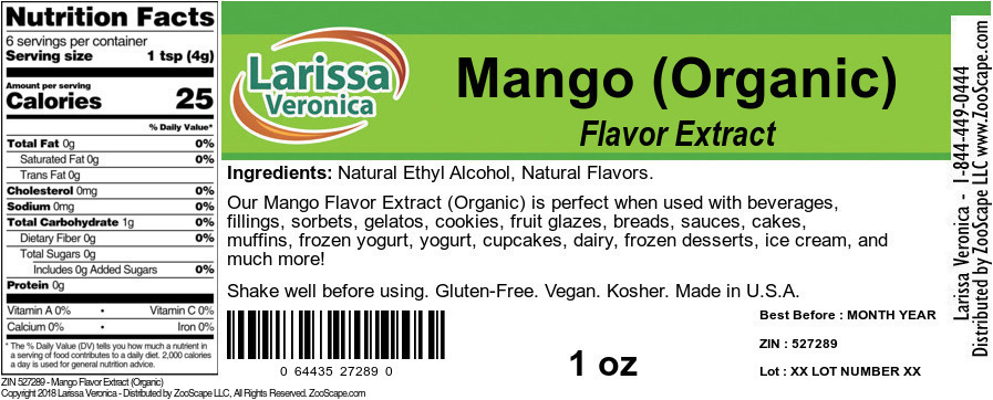 Mango Flavor Extract (Organic) - Label