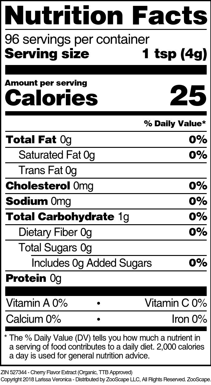 Cherry Flavor Extract (Organic, TTB Approved) - Supplement / Nutrition Facts