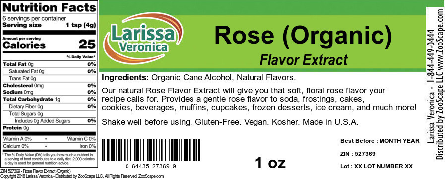 Rose Flavor Extract (Organic) - Label