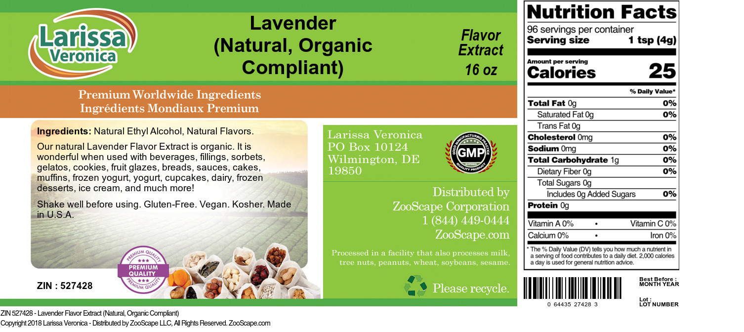 Lavender Flavor Extract (Natural, Organic Compliant) - Label