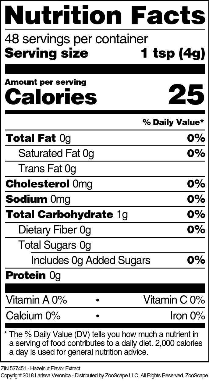 Hazelnut Flavor Extract - Supplement / Nutrition Facts