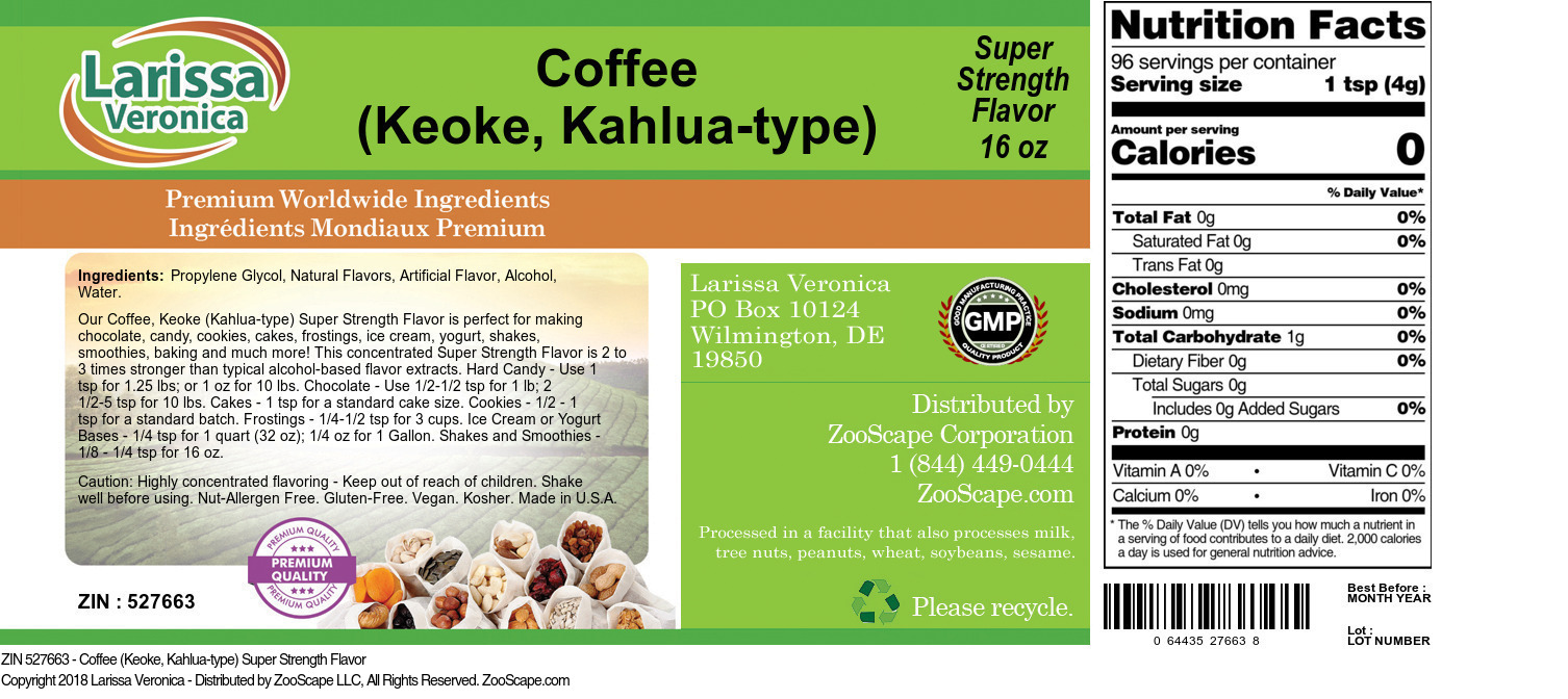 Coffee (Keoke, Kahlua-type) Super Strength Flavor - Label