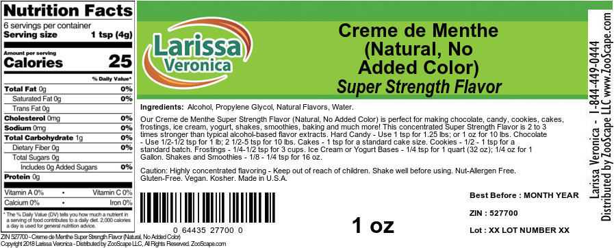 Creme de Menthe Super Strength Flavor (Natural, No Added Color) - Label