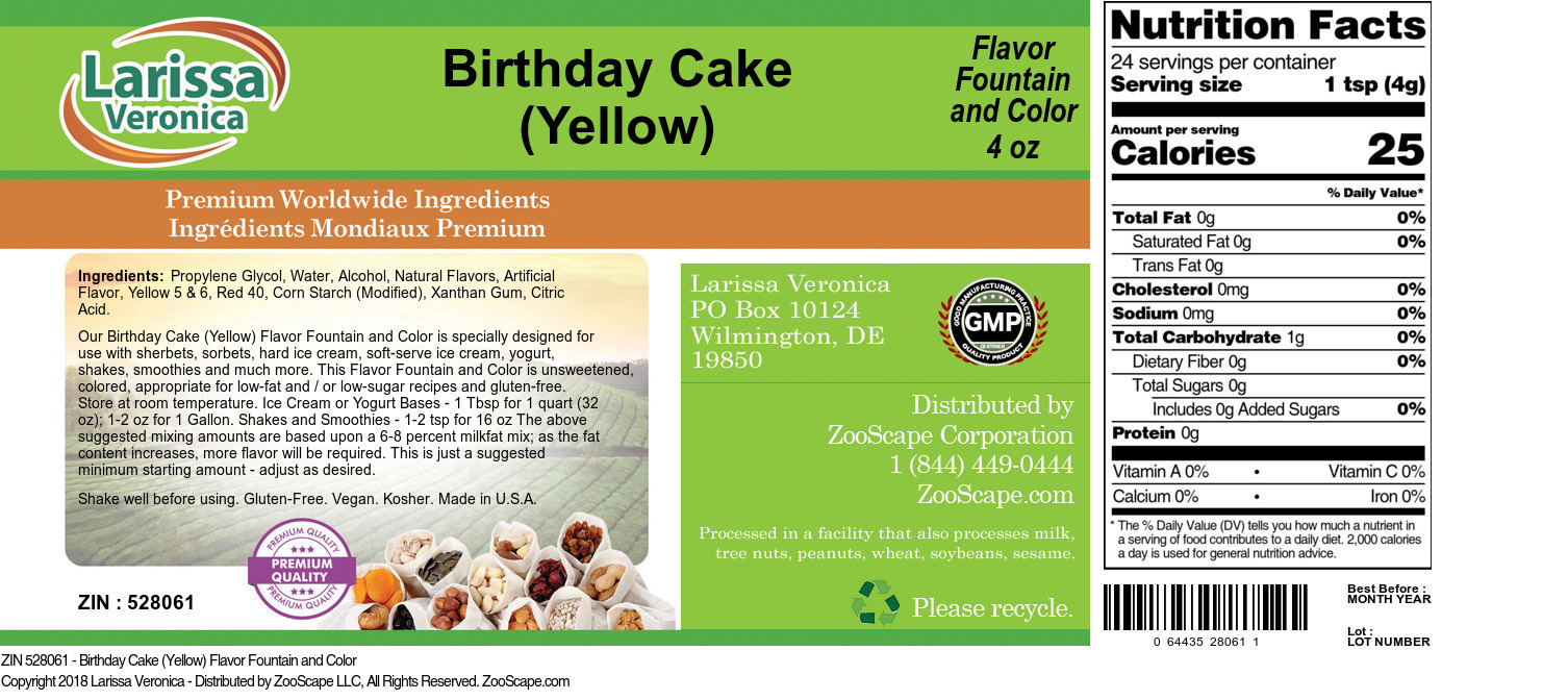Birthday Cake (Yellow) Flavor Fountain and Color - Label