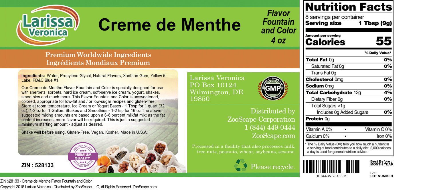 Creme de Menthe Flavor Fountain and Color - Label