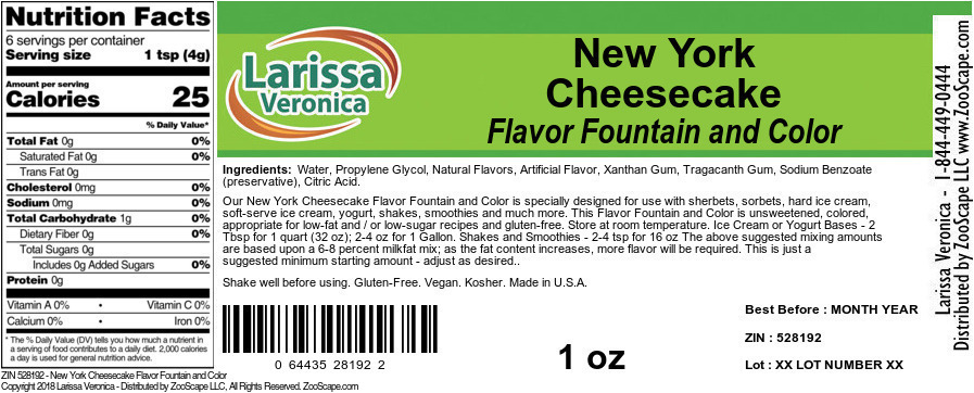 New York Cheesecake Flavor Fountain and Color - Label