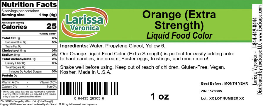 Orange Liquid Food Color (Extra Strength) - Label
