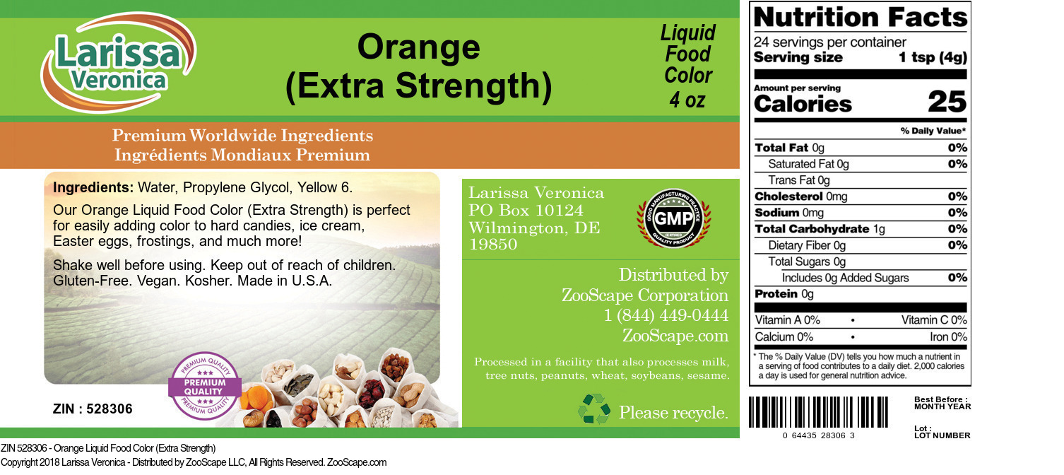Orange Liquid Food Color (Extra Strength) - Label