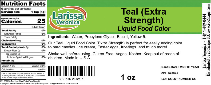 Teal Liquid Food Color (Extra Strength) - Label