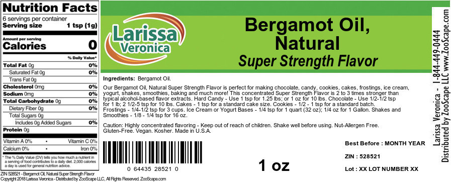 Bergamot Oil, Natural Super Strength Flavor - Label