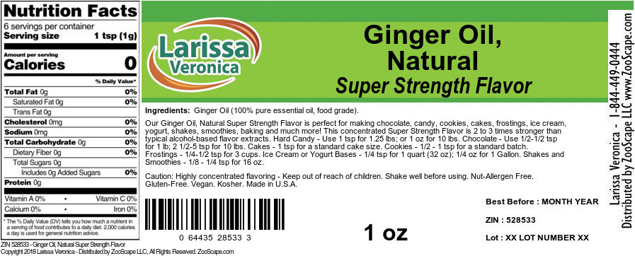 Ginger Oil, Natural Super Strength Flavor - Label