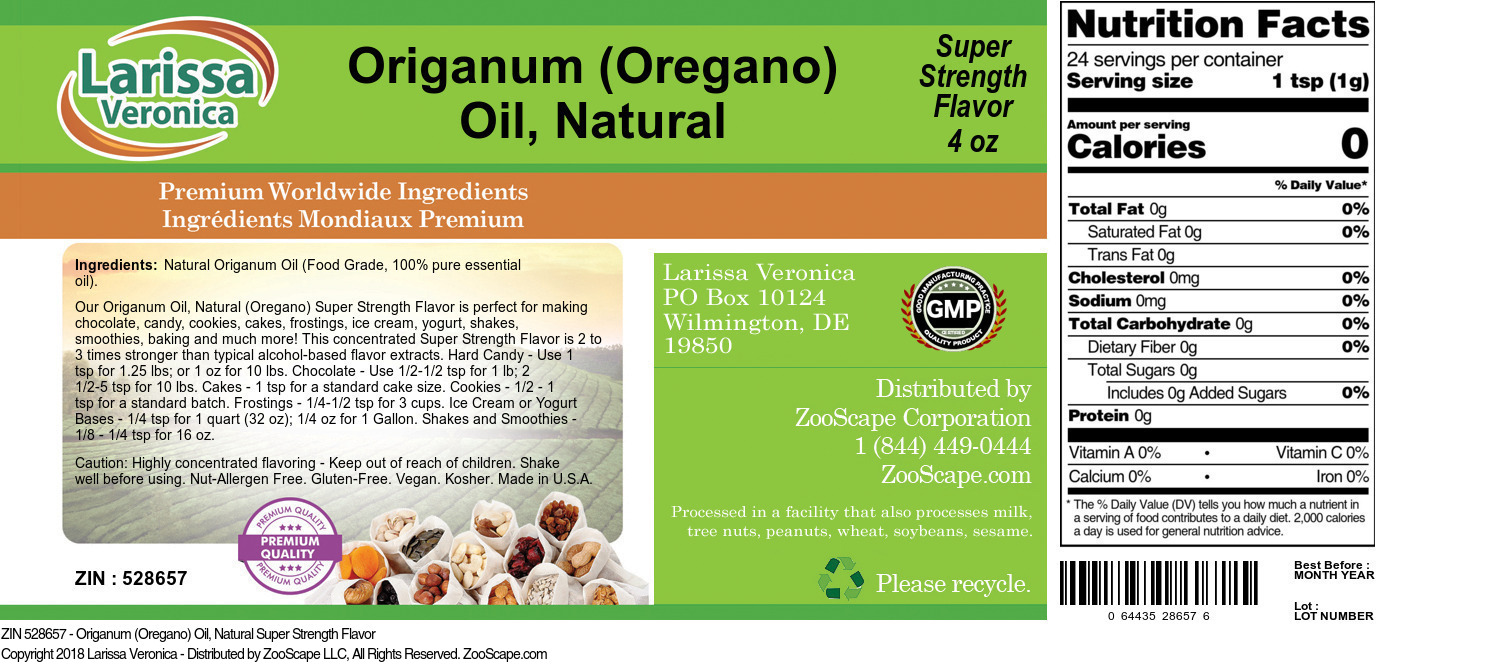 Origanum (Oregano) Oil, Natural Super Strength Flavor - Label