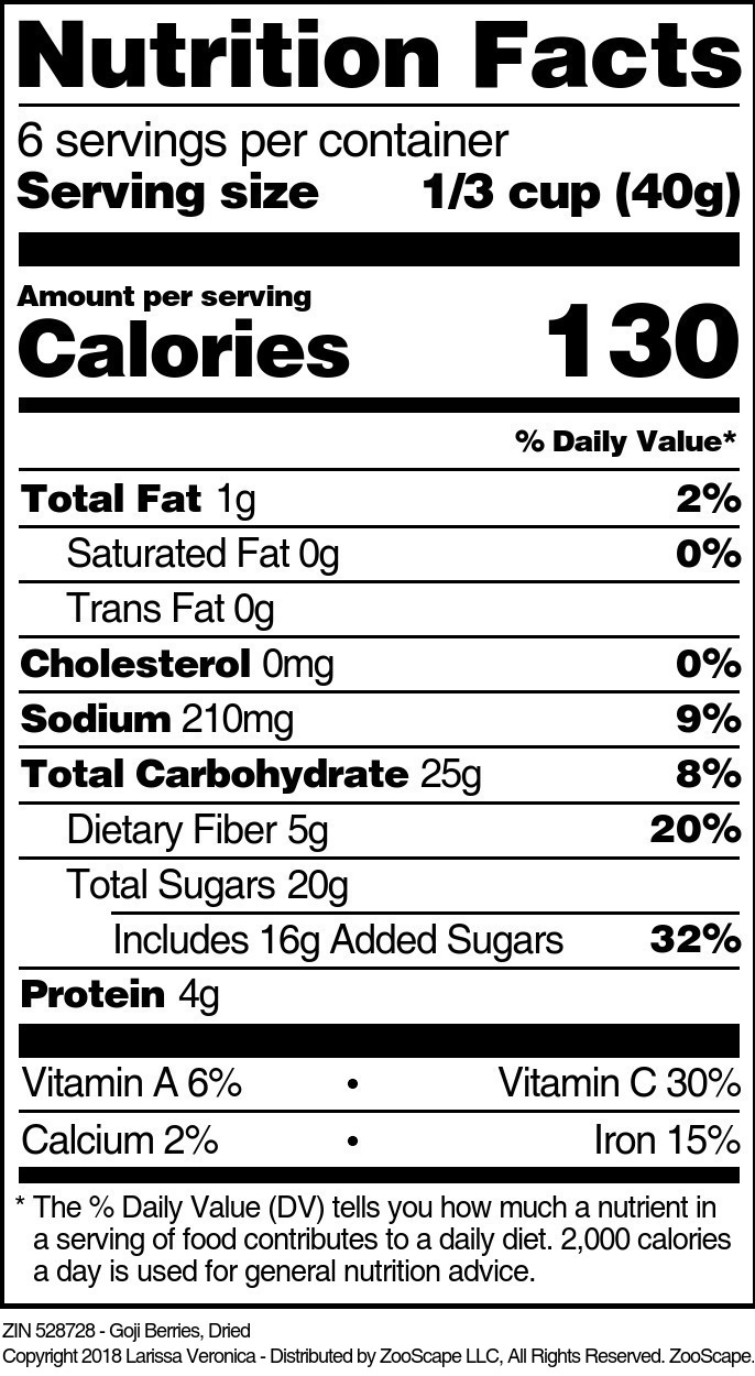 Goji Berries, Dried - Supplement / Nutrition Facts