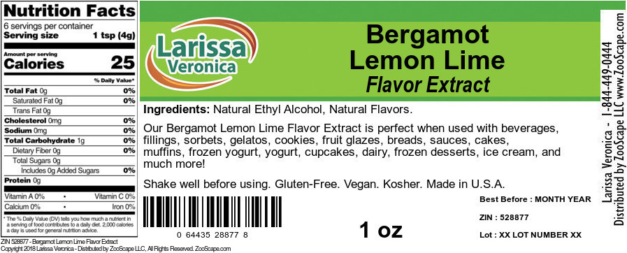 Bergamot Lemon Lime Flavor Extract - Label