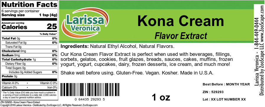 Kona Cream Flavor Extract - Label