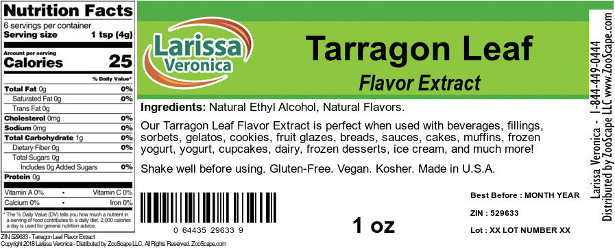 Tarragon Leaf Flavor Extract - Label