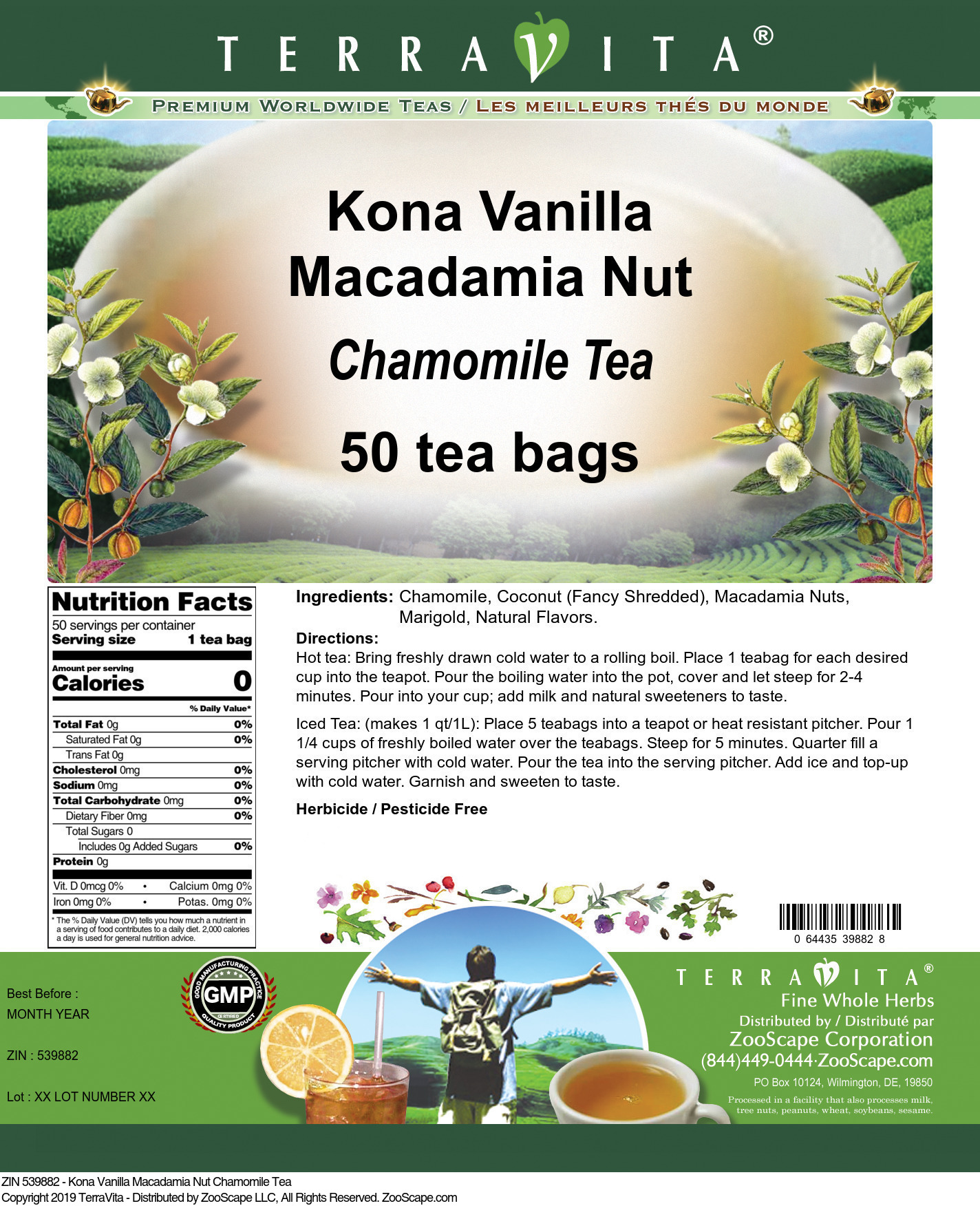Kona Vanilla Macadamia Nut Chamomile Tea - Label