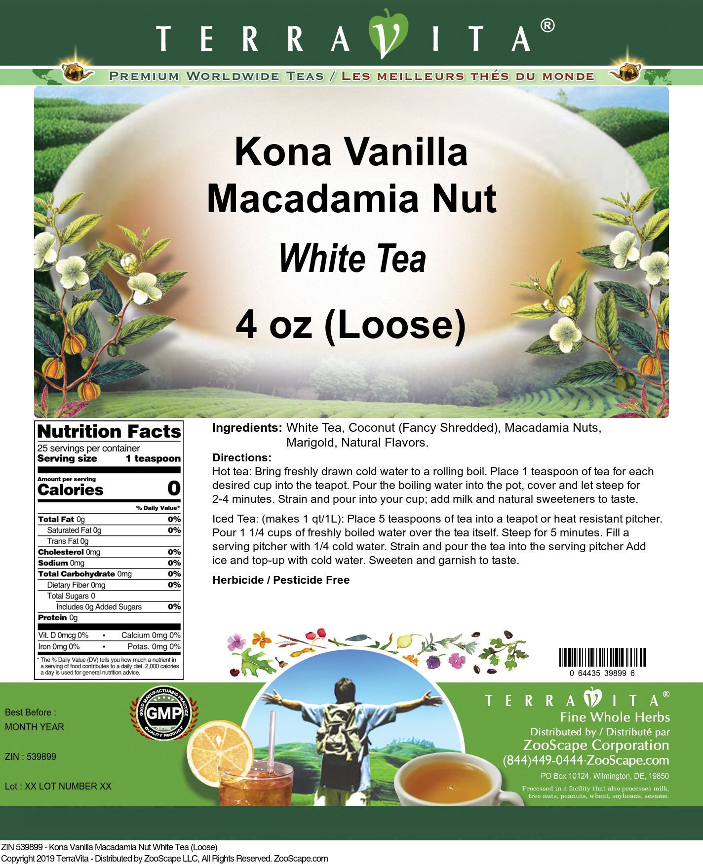 Kona Vanilla Macadamia Nut White Tea (Loose) - Label