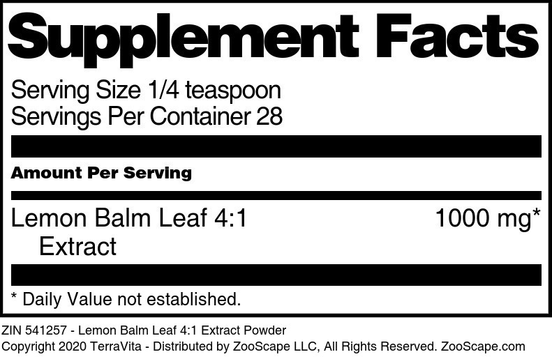 Lemon Balm Leaf 4:1 Extract Powder - Supplement / Nutrition Facts